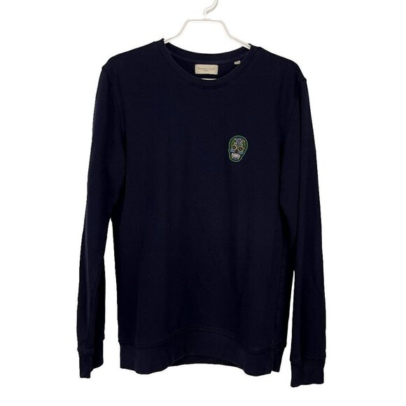 SUSPICIOUS ANTWERP Embroidered Skull Crew Neck Navy Blue Sweatshirt Size S - Picture 2 of 6